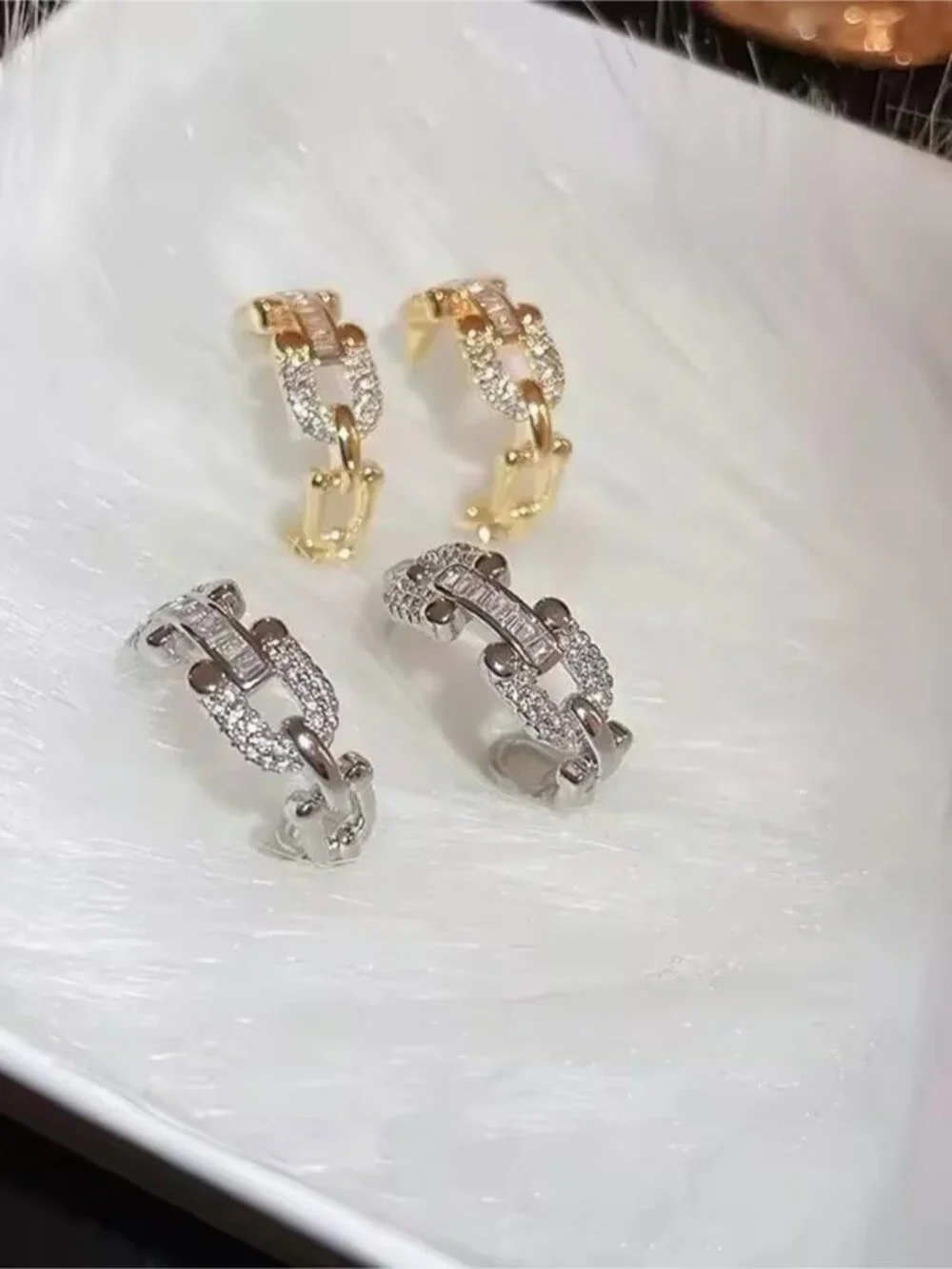 Gold Crystal Link Huggie Earrings